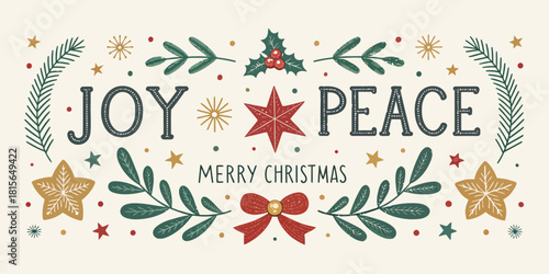 Festive cheer and goodwill with a Merry Christmas message featuring joy, peace, stars, foliage and a beautiful red bow