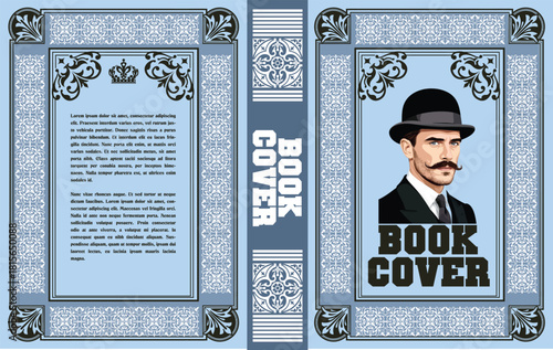 051-31-Vintage style book cover design displaying fictional character and decorative blue ornate pattern
