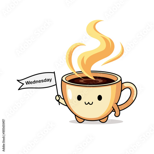 Coffee cup cheerfully displaying a wednesday banner perfect for social media posts, email newsletters, or workplace graphics to uplift midweek spirits.