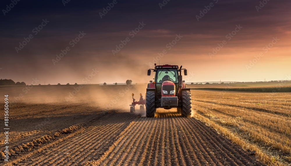Obraz premium A powerful red tractor plowing a vast agricultural field and raising dust during a dramatic golden sunset