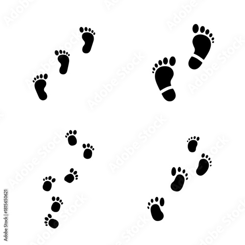 Four sets of black footprints are arranged on a white background, suggesting movement.