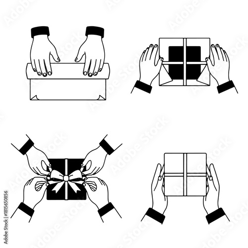 A sequence of illustrations showing hands wrapping and tying a gift box with ribbon.