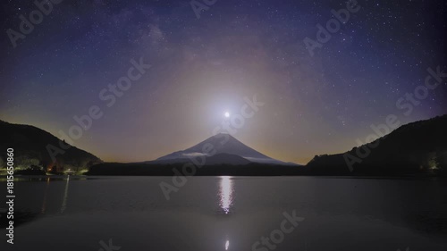 The Milky Way Beyond the Moon Rising Above Snow-Capped Mt. Fuji from Lake Shojiko – Moonlit Timelapse – Black Crush Fixed, Noise Reduced – 4K SDR Astrophotography Japan