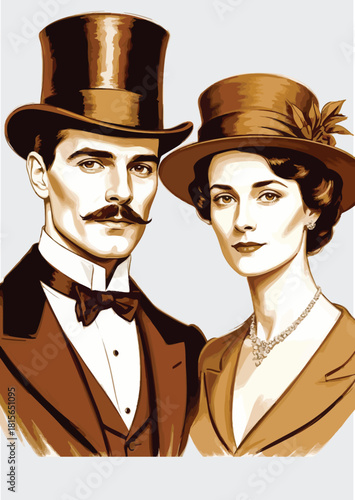 051-47-Elegant vintage couple portrait wearing formal attire and hats with a sepia color palette
