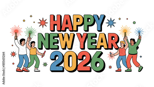 Celebratory New Year 2026: An illustration showcases joyous individuals celebrating the arrival of the New Year, their hands raised in festive delight with sparkling fireworks.