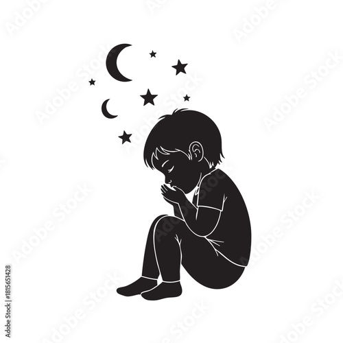 a_child_sitting_on_the_ground_with_his_hands_clasped_to_his_knees_traced