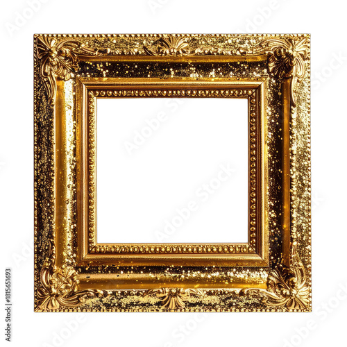 A richly ornate, gilded picture frame glistens with scattered golden flecks against a stark black background.