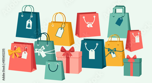A colorful collection of illustrated shopping bags and gift boxes with bows and tags on a light background.