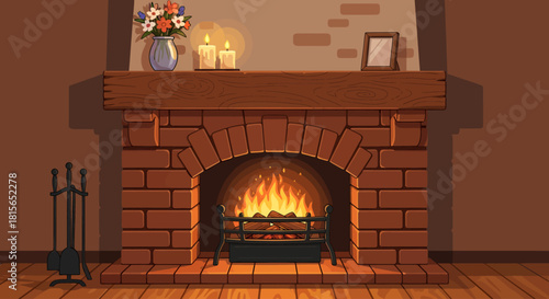 Cozy fireplace with burning fire, flowers, candles, and picture frame.