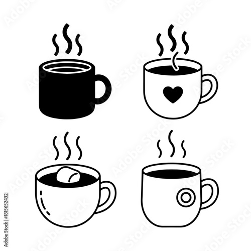 Four steaming cups of hot drinks, including one with a marshmallow and another with a heart design.