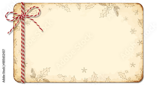 Vintage Christmas gift tag with twine bow and holly leaf border.