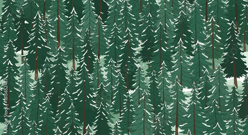 Illustrated pattern of a dense evergreen forest with snow-covered pine trees during winter.