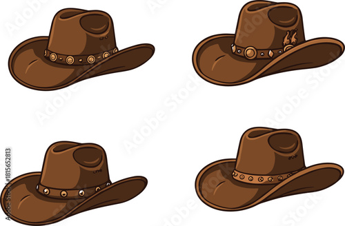 “Set of stylish brown cowboy hats with decorative bands, western vintage fashion accessories, classic rancher hat collection isolated on white background