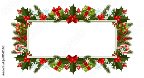Festive rectangular frame adorned with holly, berries, gifts, candy canes, and snowflakes, perfect for holiday greetings.