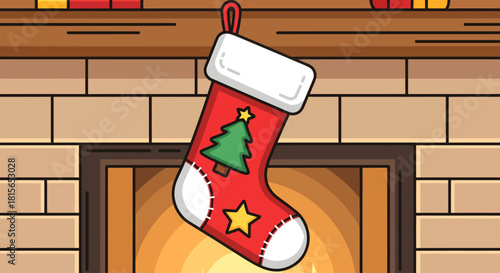 A festive red Christmas stocking with a green tree and yellow star design, hanging from a wooden mantelpiece above a glowing brick fireplace.