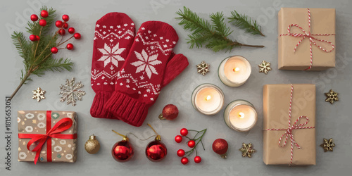 Cozy winter holiday scene featuring mittens, candles, and gifts for a festive touch, perfect for seasonal celebrations