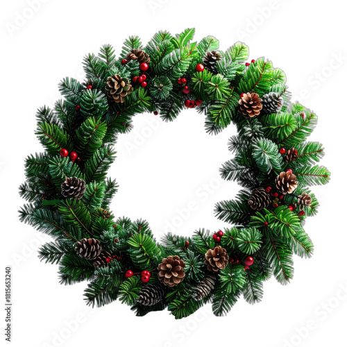 A traditional Christmas wreath with pine cones and red berries on a black background.
