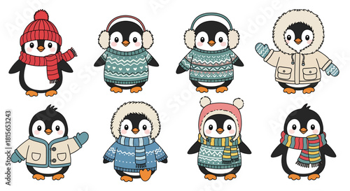 Collection of adorable cartoon penguins wearing winter clothing and accessories, ready for cold weather.