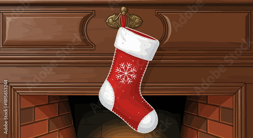 Christmas stocking hanging on a fireplace mantel with a snowflake design.