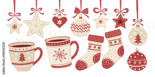 Cozy holiday cheer with festive ornaments, steaming mugs, and warm socks bringing the seasonal spirit for winter celebrations