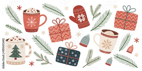 Festive winter holiday pattern with cozy mugs, mittens, and presents for Christmas season celebrations and heartwarming cheer