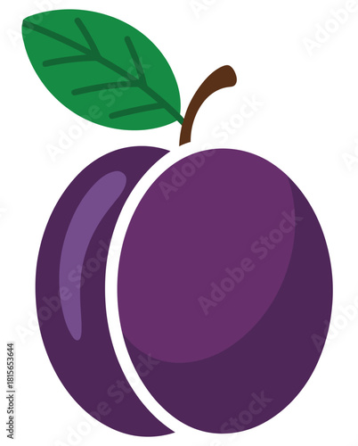 Illustration of a Fresh Ripe Plum with a Green Leaf isolated on a White Background Perfect for Summer Fruit Projects and Designs
