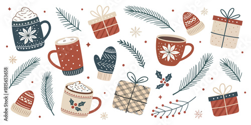 Cheerful winter holiday gifts, cocoa cups, and pine branches create a cozy seasonal design for festive occasions, originally vector