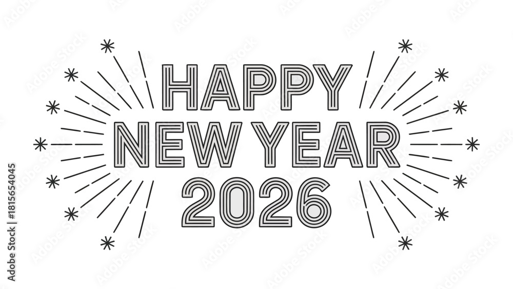 Fototapeta premium Happy New Year 2026: Festive greeting celebrating the dawn of 2026, with radiant fireworks, marking a time of fresh beginnings and optimistic anticipation.