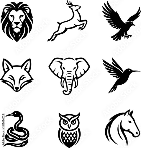 A collection of nine black and white animal head silhouettes, including a lion, deer, eagle, fox, elephant, hummingbird, snake, owl, and horse.