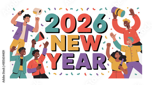 New Year 2026 Celebration: A vibrant gathering of friends joyfully welcome the dawn of 2026, showering confetti amidst laughter and anticipation. A picture of pure exuberance, happiness.