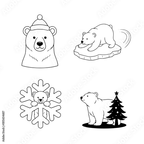Four illustrations of polar bears: one with a hat, one on ice, one in a snowflake, and one next to a Christmas tree.