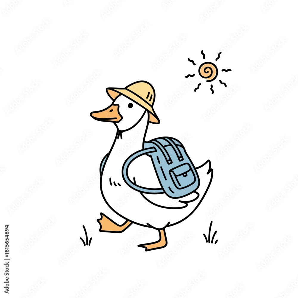 Obraz premium Duckling's Sunny Adventure: An animated portrayal of a duck embarking on a journey outdoors