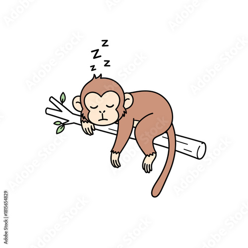 Adorable cartoon monkey peacefully dozing on a tree branch under dreamy sleep bubbles