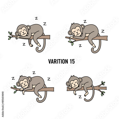Illustrative sleepy monkey collection resting on tree branches in calm serenity