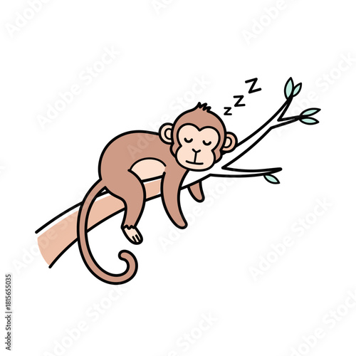 Cartoon monkey soundly asleep on a tree branch in a relaxed position enjoying the calm air
