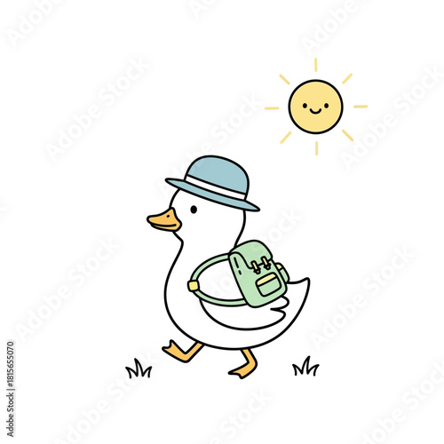 Duckling's delightful journey: a charming illustration of a duck with backpack under radiant sun