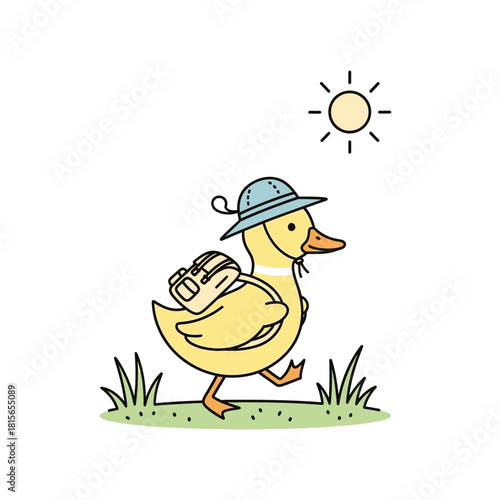 Adventurous Duckling on a Sunny Outing with Backpack and Hat in Minimalist Style