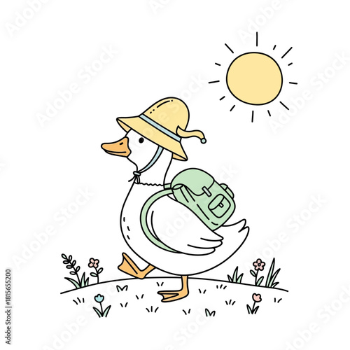 Adventure-bound duckling illustration strolling through a sunny floral meadow expedition depiction