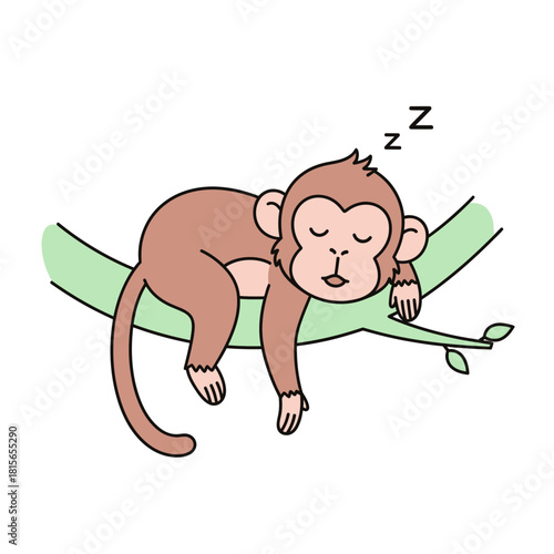 Cartoon monkey peacefully sleeping on a branch isolated on a white background to be use in a book