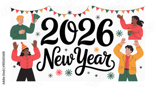 Embracing the future in 2026: A group of individuals excitedly welcomes the upcoming year with an elegant design celebrating the promise of new beginnings. 