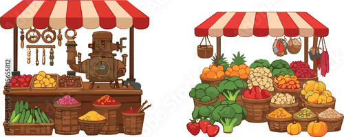 Colorful farmers market stalls with vegetables, spices, vintage coffee machine, baskets, fresh produce display, rustic outdoor marketplace illustration, detailed vector artwork