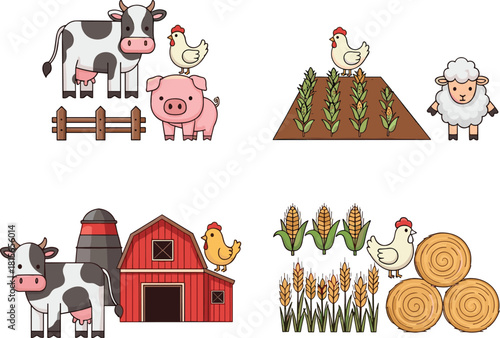 Cute farm animals and agriculture elements with cows, chickens, pigs, sheep, barn, crops, hay bales, farmland illustration, cartoon vector design