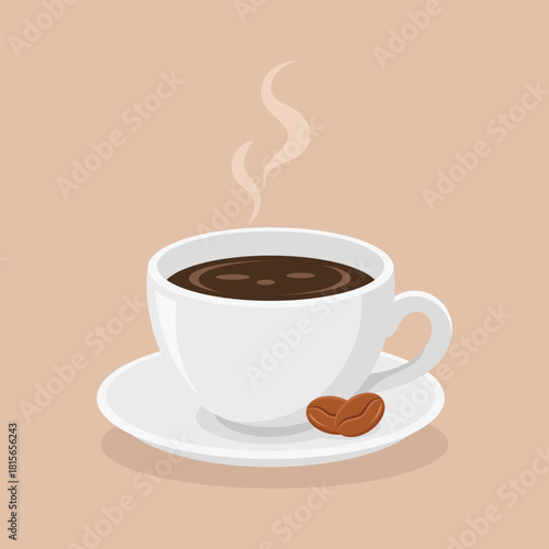 Cup of espresso with saucer and couple coffee beans. Breakfast drink vector illustration.