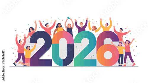 Celebration 2020: A vibrant illustration depicts a lively group of individuals joyously celebrating the dawn of the year 2020, filled with confetti and collective elation.