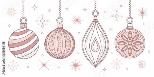 Elegant Christmas ornaments in rose gold tones, charming holiday decorations for a festive seasonal celebration, a touch of winter magic