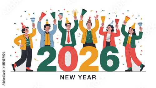 New Year's Eve 2026: A group of individuals celebrate the arrival of the year 2026, embracing a colorful atmosphere of confetti and joyous celebration. 