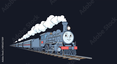 Friendly cartoon steam train with a smiling face travels on railroad tracks at night, puffing white smoke into the dark sky.