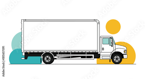 Side profile of a blank white delivery truck or cargo van, with a modern design featuring abstract yellow and blue circles.