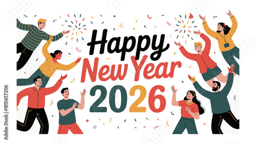 New Year's Celebration 2026: The image is vibrant and full of energy, with a diverse group of people celebrating the arrival of the New Year, creating a festive atmosphere.