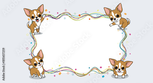 Playful rectangular frame decorated with four cute cartoon chihuahua puppies and colorful confetti, perfect for a pet-themed party.